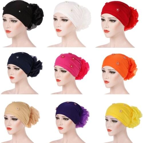 Beautiful Flower Design Full Cover Muslim Hijab Turban Jersey Women Elastic Beads Decor Hat Head Scarf Cancer Cap Islamic Hats