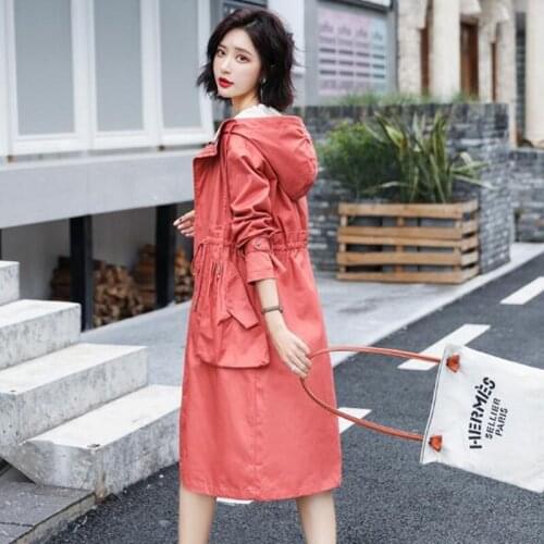 Women Hooded Coats Autumn 2019 Chic Long Trench Coat Ladies Fashion Outwear Big Pocket Slim Waist Womens Windbreakers Streetwear