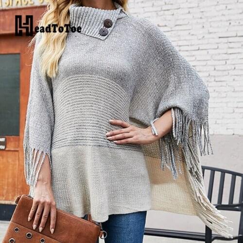 Colorblock Hooded Knit Ponchos and Capes Tops Women Tassel Design Casual Shawl Cloak Coats
