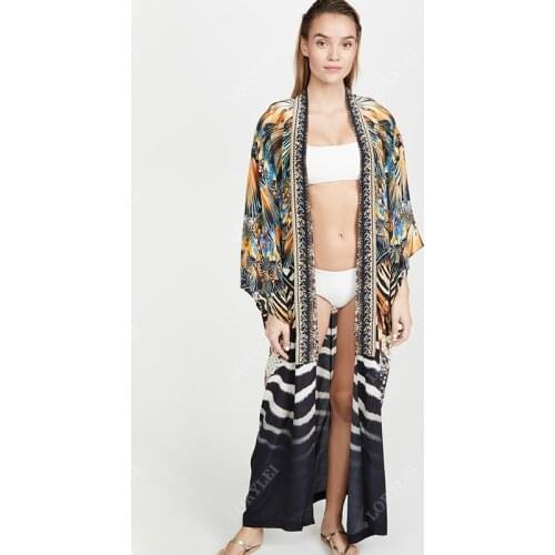2020 Bohemian Printed V-neck Full Sleeve Front Open Self Belted Long Kimono Plus Size Summer Women Tops and Blouses Shirts N1163