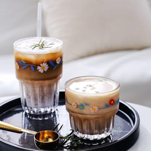 258/350ML Korean Small Daisies Print Glass Coffee Mug Creative Glass Cup Juice Milk Tea Beer Glass