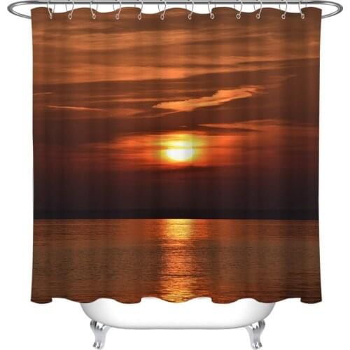 72'' Bathroom Waterproof Fabric Shower Curtain Polyester 12 Hooks Bath Accessory Sets Cloud Yellow Dusk Sky Setting Sun Calm Sea