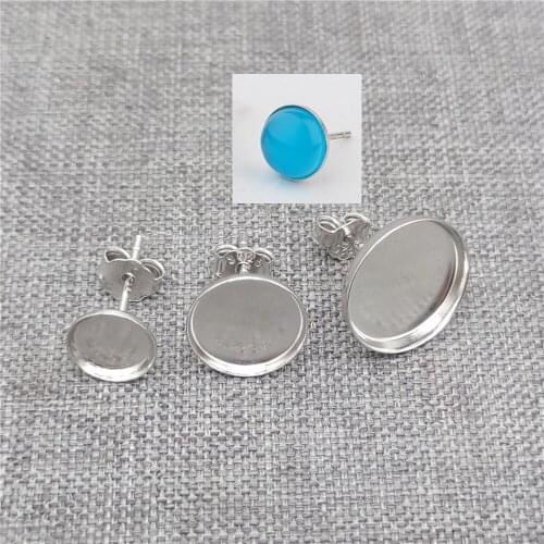 8prs of 925 Sterling Silver Stud Earring Round Bezel Cup Settings Rhodium Plated