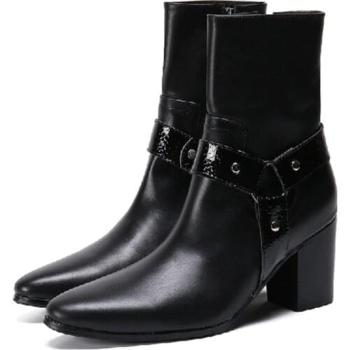 Botas Hombre Cuero Men Genuine Leather Boots High Heels Pointed Toe Buckle Shoes Winter Office Dress Shoes Motorcycle Boots