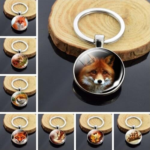 Red Fox Double Face Keychain Glass Cabochon Jewelry Pendant Cute Fox Stuff Key Rings Animal Key Chain Men Women Fashion Gifts