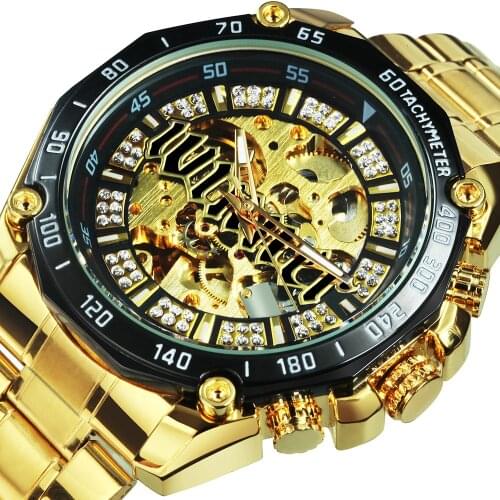 WINNER Golden Automatic Watch Men Diamond Iced Out Skeleton Stainless Steel Strap Mechanical Watches Brand Luxury Wristwatches