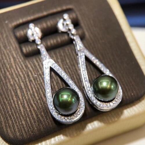 D822 Pearl Earrings Fine Jewelry 925 Sterling Silver Round 9-10mm Fresh Water Peacock Green Black Pearls Drop Dangle Earrings