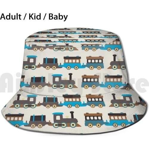 Blue And Brown Wooden Toy Train Sun Hat Foldable UV Protection Blue Brown Beige Grey Turquoise Wood Pattern Toy Train