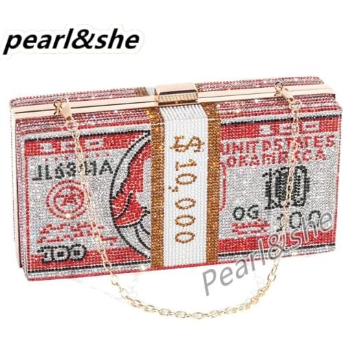 Dollar Cash Circle Evening Bag Rhinestone Money Shoulder Bag Bill Diamond Clutch Purse Wedding Dinner Handbag
