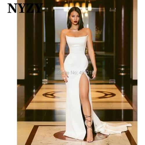 Satin High Slit Black and White Evening Dresses Mermaid NYZY E221 Celebrity Red Carpet Evening Gown Formal Dress Robe de Soiree