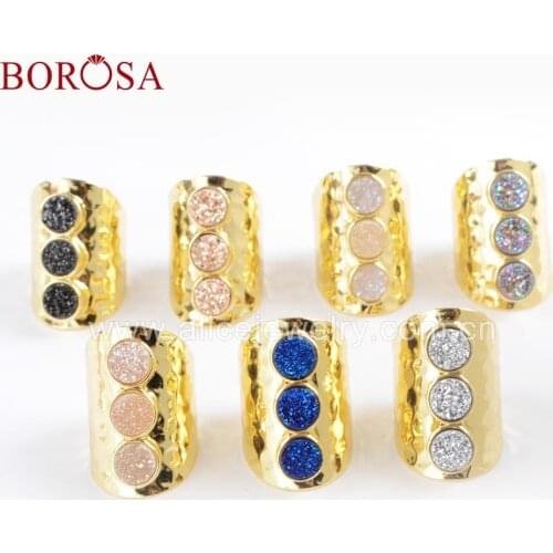 BOROSA 5PCS Gold Bezel Three Round Titanium Rainbow Druzy Band Ring Mixed Color 3 Drusy Stone Party Rings Fashion Jewelry ZG0365