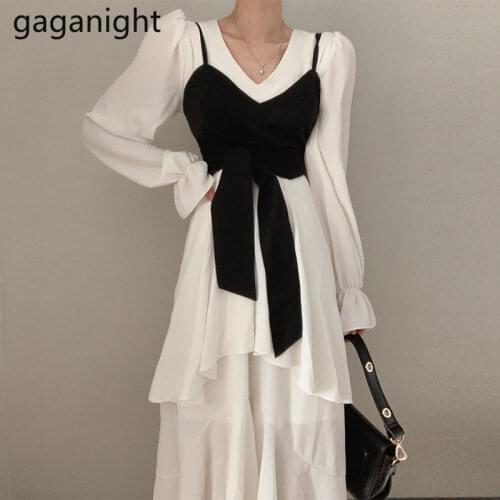 Gaganight Two Pieces Set Womens Elegant V Neck Irregular Flare Sleeve Maxi Dress+Sleeveless Black Slim Camis Vest Female Outfits