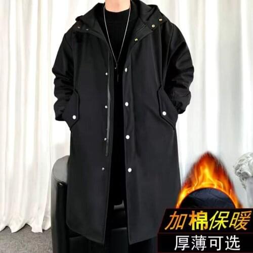 MenS Windbreaker Jacket Long Trench Oversize Loose Streetwear Hooded Vintage Black Coats High Street Casual Male Outerwear New