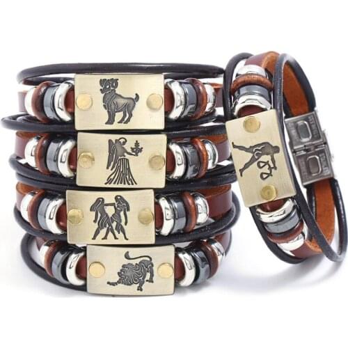 12 Constellation Signs Multilayer Leather Bracelets Bangles for man woman Stainless Steel Clasp unisex Jewelry Accessories Gift