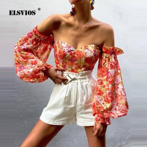 Fashion Slim Women Slash Neck Chiffon Shirt Autumn Sexy Off-Shoulder Wrapped Chest Blouse Elegant Lantern Sleeve Print Short Top