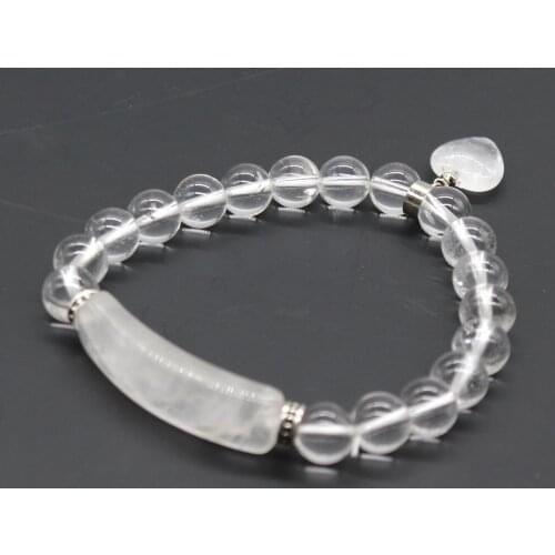 Trendy-beads Silver Plated Romantic Cute Heart Connect Rectangle Natural Rock Crystal Round Beads Stretchy Bracelet