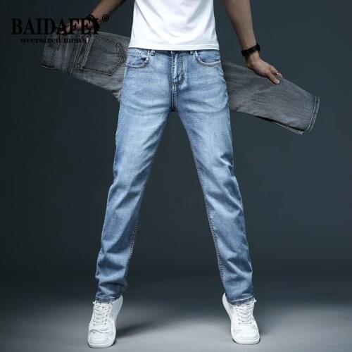 Men Slim Fit Straight Blue Jeans 2021 Spring Summer New Arrivals Stretch Thin Business Casual Mens Jeans High Quality Trousers