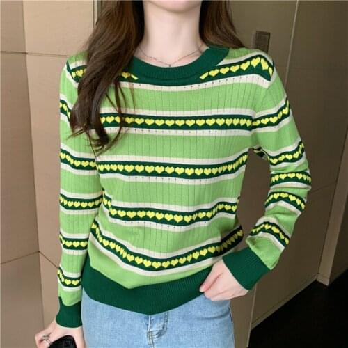 Autumn Avocado Green Love Heart Stripe Long Sleeve Knit Slim Pullover Sweater