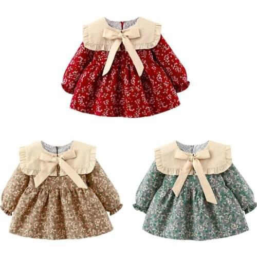 Baby Girls Princess Dress Infant Long Sleeve Bow Knot Ruffled Collar Floral Printed Dresses Lovely Girl Clothes