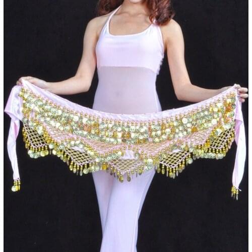 Womens Belly Dance Wave Shape Hip Scarf Golden Coins Wrap Belt Chiffon Belly Dance Skirt Pink Purple Red