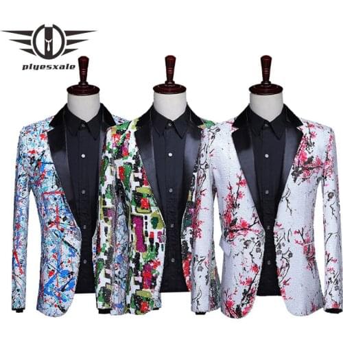 Plyesxale Colorful Geometric Graffti Floral Blazer Men Slim Fit Mens Sequin Blazers Bar DJ Singers Prom Stage Costumes Q591