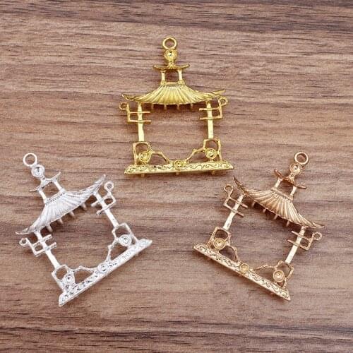 10 PCS 49*37mm Metal Alloy Gold Silver Plated Pavilion House Pendant Charms For Jewelry Making