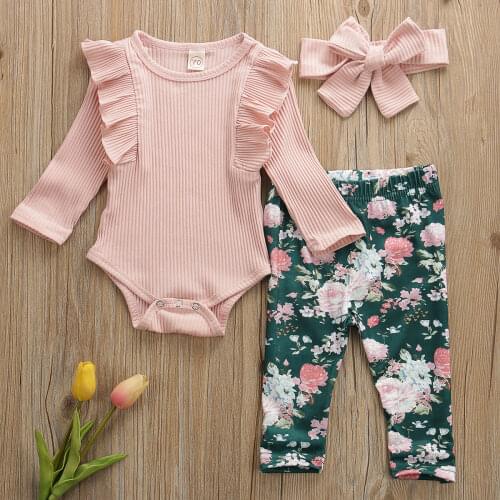 Newborn Infant Baby Girls Christmas Clothes Playsuit Pants Outfit Romper Ruffle Romper Floral Pants Set With Headband