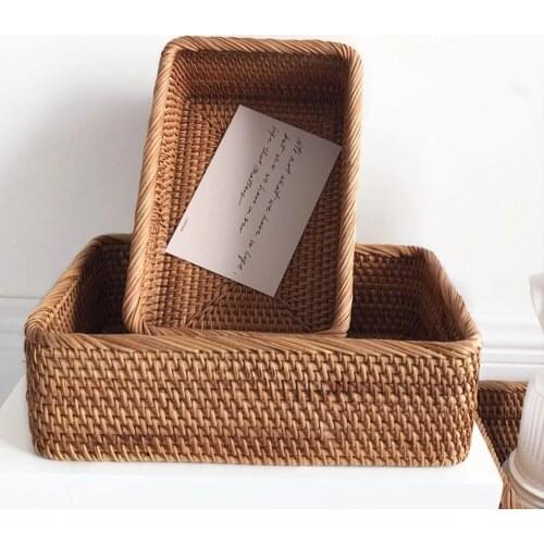 Hand Woven Rattan Wicker Rectangular Storage Box Basket Fruit Tea Snack Bread Picnic Cosmetic Household Kitchen Supplies