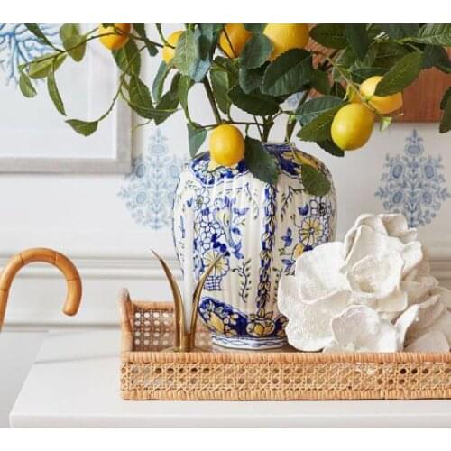 Rattan serving Trays Handmade polygonal tray with handle for kitchen modern home decor