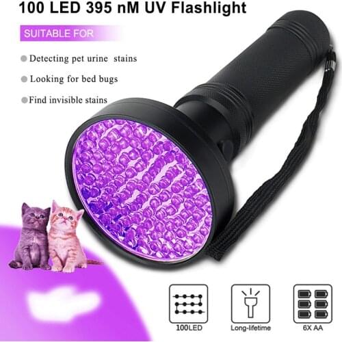 UV Flashlight Black Light, 100 LED 395 Nm Ultraviolet Torch Blacklight Detector for Dry Pets Urine&pet Stains&bed Bug AA Battery