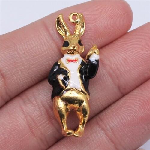 WYSIWYG 1pcs 36x15mm Gold Color Enamel 3D Rabbit With Clock Charms Pendant Jewelry Findings Jewelry Accessories