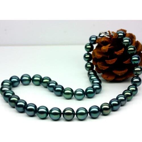 Jewelry Free Shipping 925 silver real natural big Tahitian black pearl necklace natural pearl necklace round malachite green se