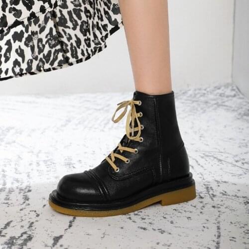 OLOMLB Womens Round Toe Ankle Boots Denim Jeans Genuine Leather Lace Up Retro Punk Shoes Low Heel Oxfords Thick Warm Winter