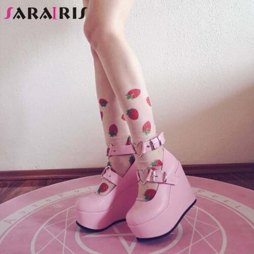 Big Size 42 Sugar Cute Girls Heart Buckle Wedges Pink Black Pumps Women Platform Brand Women Pumps 2021 Round Toe Shoes Woman