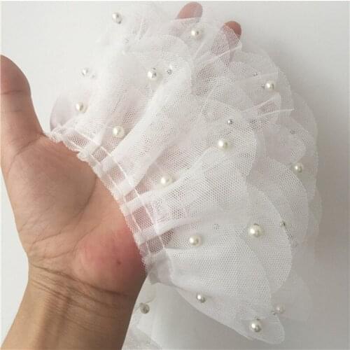 1Yard 91cm White Tulle Beaded Lace Fabric 6.5CM Voile Pleated Sequins Lace Ribbon Sewing Collar Guipure Trim Decor dentelle K14