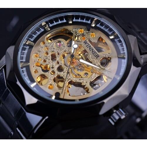 Winner Polygon Bezel Flower Hollow Skeleton Design Watches Men Luxury Brand Automatic Gold Watch Men Stainless Steel Clock Men