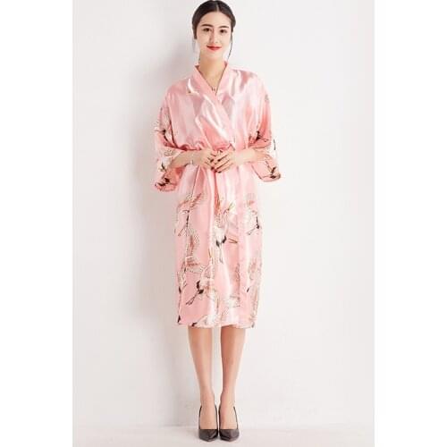 Loose-Fitting Bathrobe Home Dress Imitation Silk Bridesmaid Dress Lingerie Crane Print Single Medium Sleeve Robe Large Size