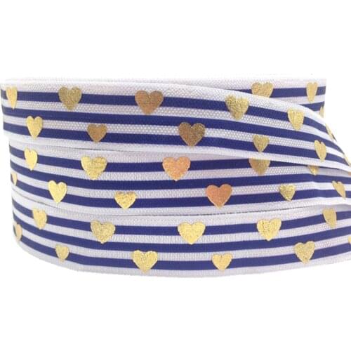 5Yards 16mm Royal Blue Stripe Gold Heart Print Fold over elastic Wedding decoration Elastic Ribbon DIY Hair bands