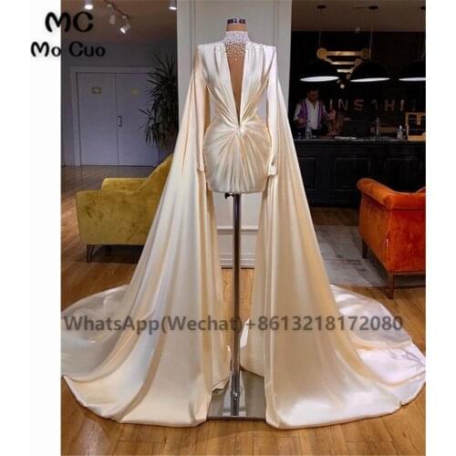 Elegant 2021 Ivory Prom Evening Dresses Pleat High Neck Shiny Satin Womens Evening Gown Custom Made