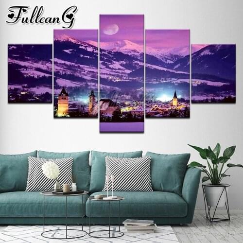 FULLCANG Night village snow mountain scenery 5 piece diy diamond painting full square round drill mosaic embroidery sale FC3090