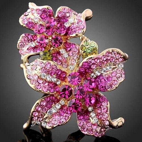 Hot Selling New Arrival Royal 2 Flowers Combined Paved Pink Austria Crystals Rings For Women female jewelry
