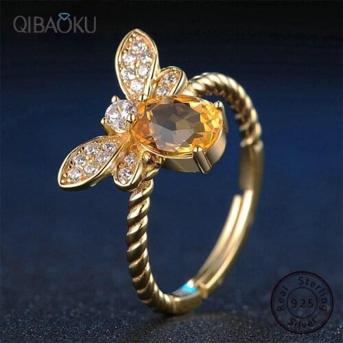 925 Sterling Silver Ring Natural Citrine Stone Jewelry Fashion Small Bee Gold-plated Gemstone Rings for Women Gift