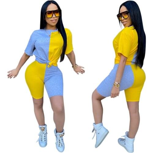 Summer 2 Piece Set Womens T-shirt+Shorts Patchwork Contrast Color Tight Sexy Casual Sport Oversize Female Suit Plus Size