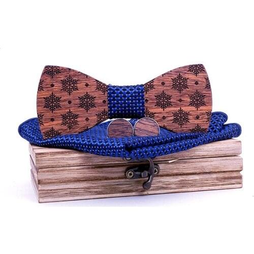 Linbaiway Male Wooden Bow Tie Handkerchief Cufflinks Set for Mens Suits Wood Bowtie Set Neck Ties for Wedding Suits Gifts