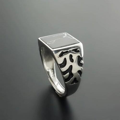 HOT Natural Black Onyx Square Stone 925 Sterling Silver Mens Ring Wide Band Vintage Thai Silver Jewelry Cool Men Cuff Ring Gifts
