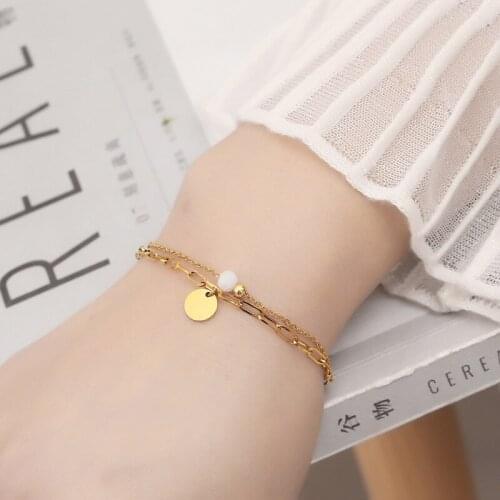 Newest Trend Double-row Chain Small Disc Bracelet Stainless 18K Gold Plated Bracelet Natural stone bracelet