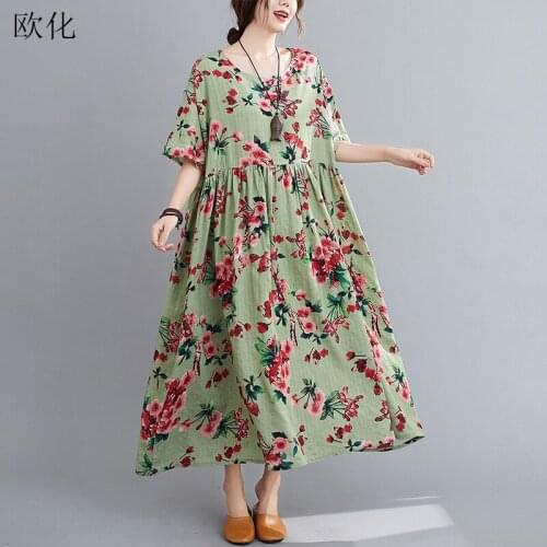 Oversize Cotton Linen Dresses Women Plus Size 4XL 5XL 6XL Bat Sleeve Maxi Summer Dress Vintage Art Printed Floral Sundress 2020