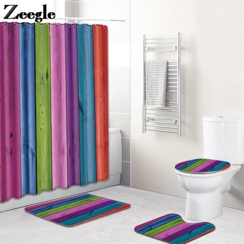 Rainbow Stripes Bath Mat and Waterproof Shower Curtain Set for Bathroom Carpet Home Decor Toilet Mat Non-slip Floor Carpet Set