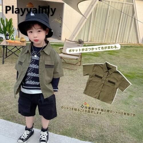 Baby Boy Shirt 2021 Summer New Army Green Lapel short Sleeve Boys shirt Baby Clothes 2-10 Years E100137