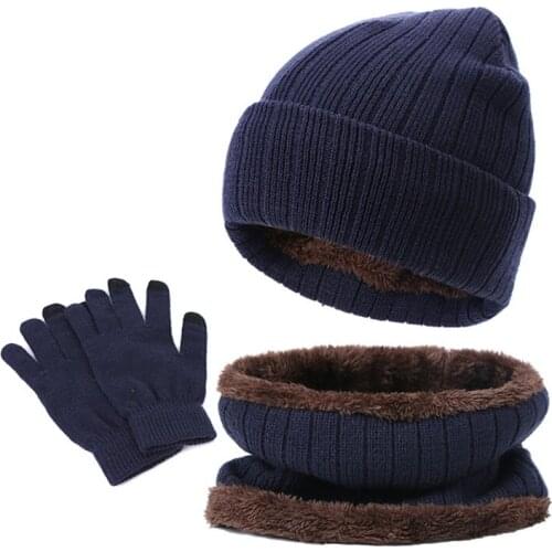 Unisex 3Pcs Beanie Hat Infinity Circle Scarf Touchscreen Gloves Set Winter Knit Plush Lined Skull Cap Neck Warmer Mitten